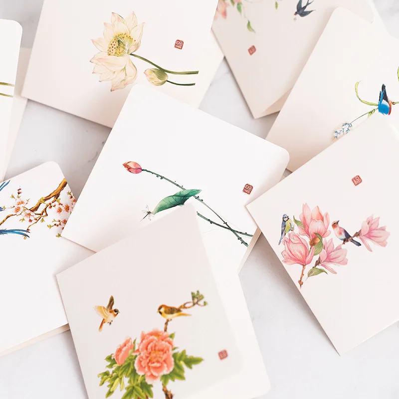 10Pcs/Set Chinese Style Flower Bird Greeting Cards Birthday Wedding Thank You Blessing Card Invitations for Mothers Father\'s Day