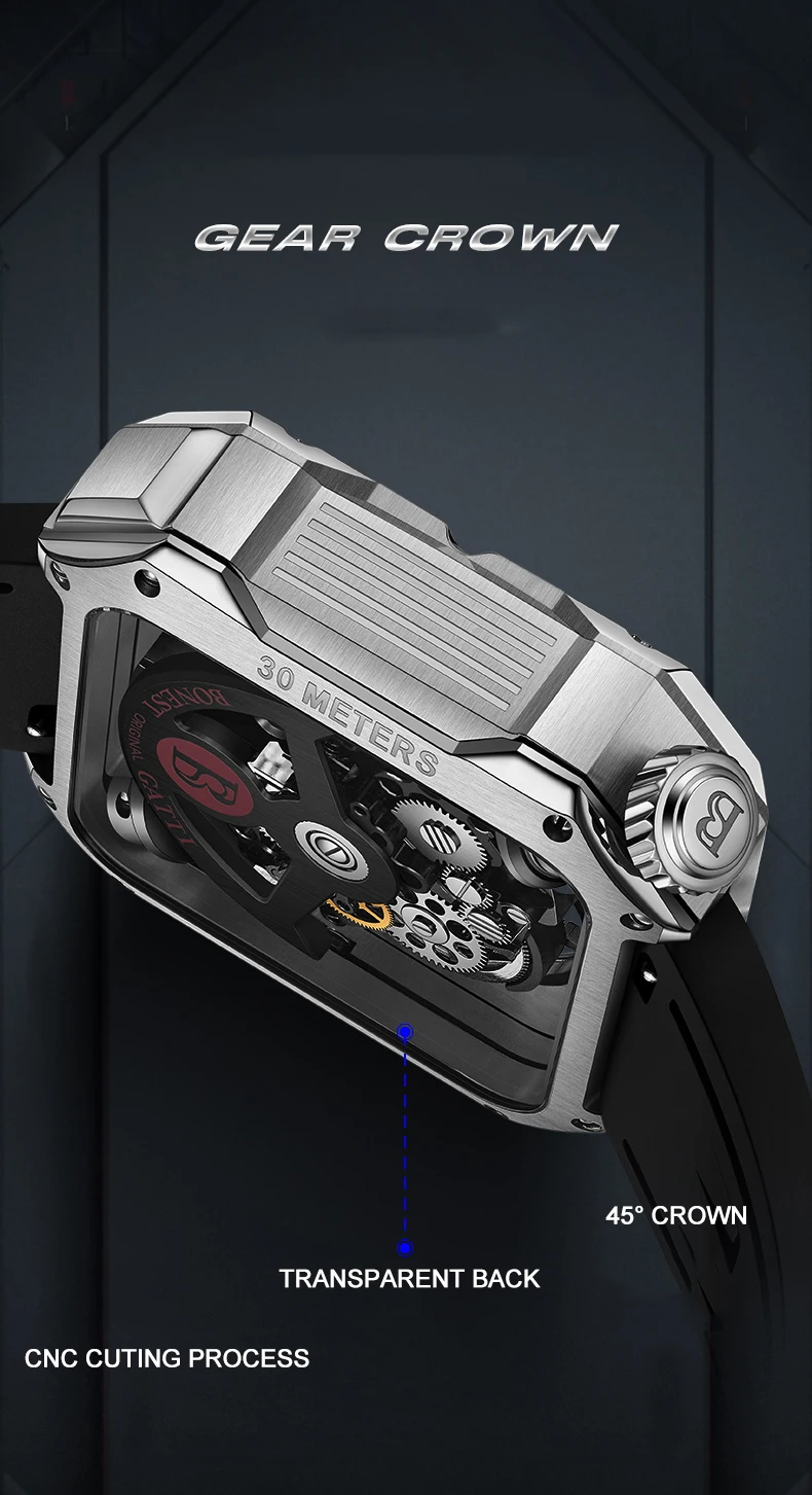 Bonest gatti masculino relógio automático de luxo quadrado relógio de pulso mecânico à prova dwaterproof água safira luminosa pulseira de borracha fluorada