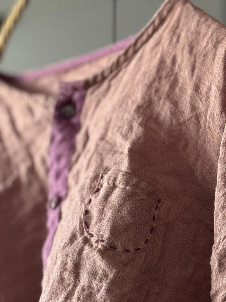 여성 긴 소매 리넨 셔츠 새로운 도착 2025 봄 빈티지 스타일 오-넥 느슨한 편안한 여성 캐주얼 탑 셔츠 T495