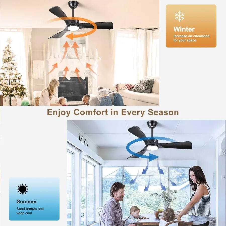 مروحة سقف خارجية منخفضة المستوى مقاس 42 بوصة مع ضوء وتحكم عن بعد في التطبيق للفناء وغرفة المعيشة تصميم حديث 3 شفرات هادئ R