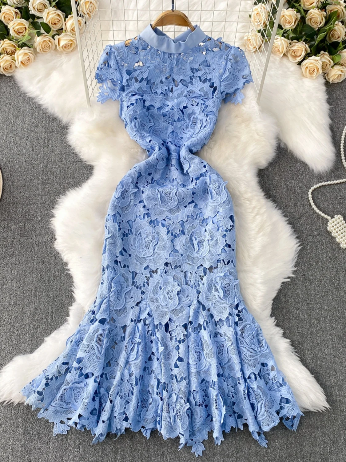 Ele Lace ort Sve Stand Collar Dr Women's Summer New Slimming Fi Tail Long Dr High Waist Korean Sle Commute