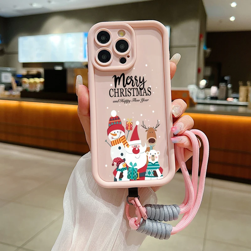 Christmas Pattern Lanyard Rope Phone Case For iPhone 16 15 14 13 12 11 Pro Max X XS XR 7 8 Plus Shockproof Soft Silicone Cover