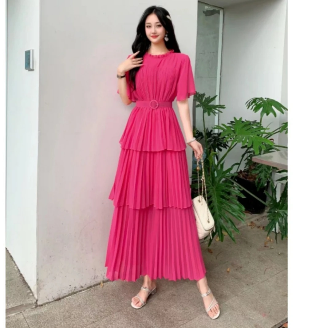 

Luxury High-end Pleated Long Dresses Women Short Sleeves O-neck Slim Cake Dress Summer Elegant Full-skirted Gown Dress Robe New