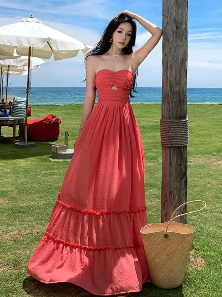 

Vintage Women Red Elegant Off Shoulder High Waist Pleated Strapless Long Dress Summer Sexy Sleeveless Hollow Out Dresses Popular
