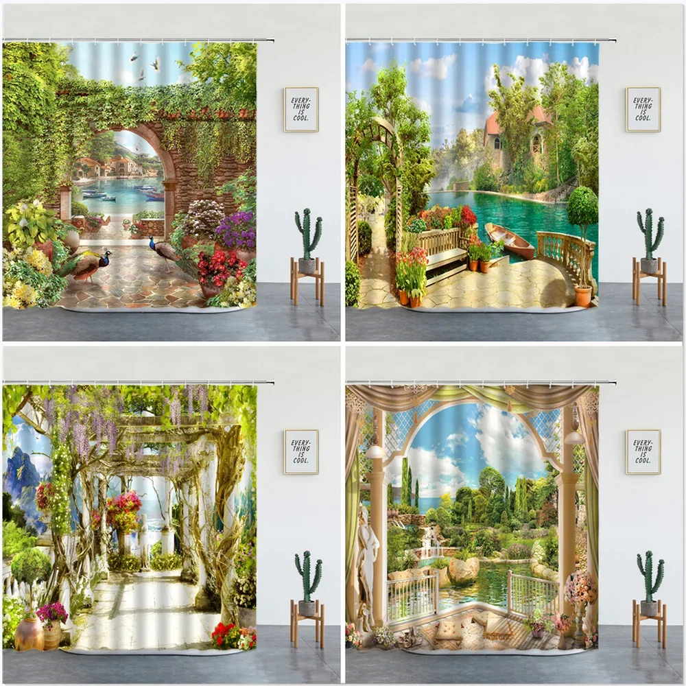 Flowers Arch Bridge Landscape Waterproof Shower Curtains Home Decor Bathroom Curtain Polyester Fabric Background Wall Decoration