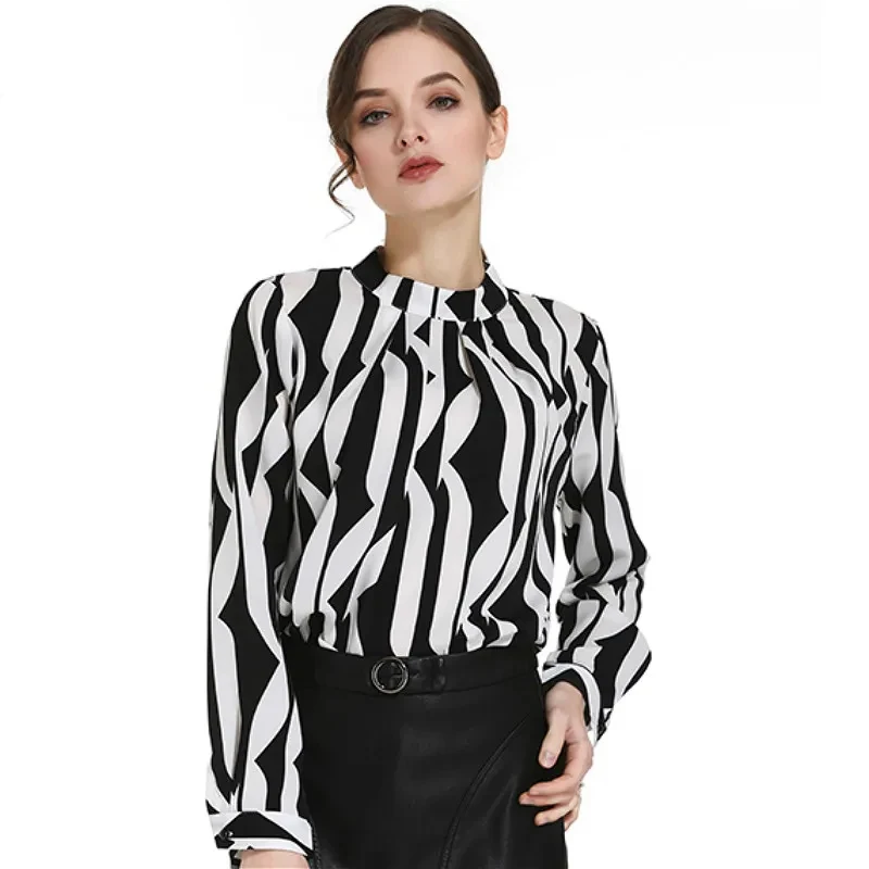 

Модная корейская контрастная женская рубашка с воротником-стойкой, элегантная весенне-осенняя полосатая шифоновая рубашка с длинными рукавами 833F