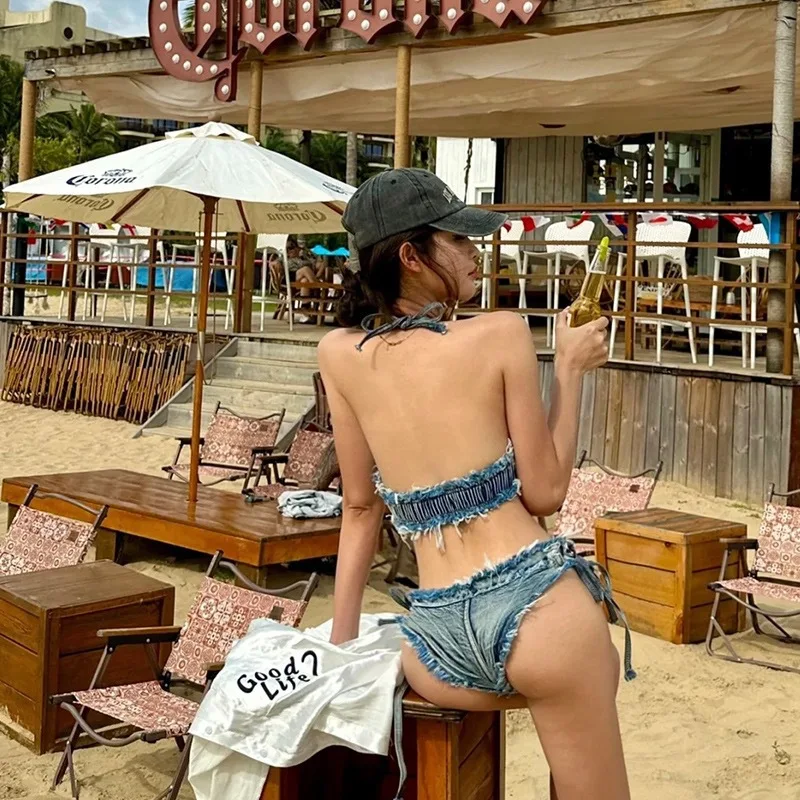 Traje de baño para mujer, Bikini 2024, traje de baño de vaquero de Color sólido, Tankini Sexy sin espalda, traje de baño de dos piezas de primavera, conjuntos de Bikini S-L