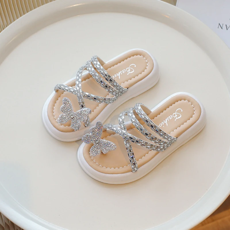 New Summer Children\'s Slippers Luxury Rhinestone Strap Girls Princess Causal Beach Slippers Fashion Butterfly Kids Flip Flops