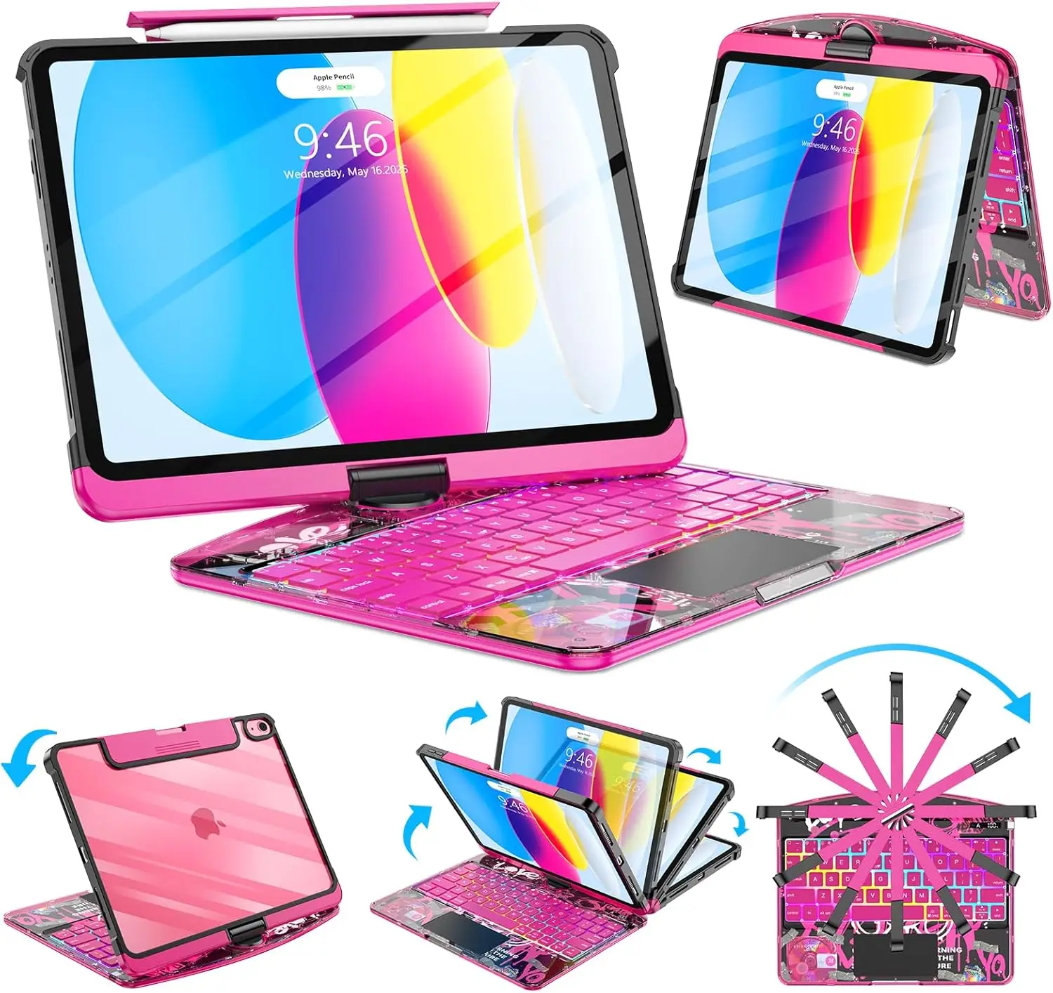 

Прозрачный беспроводной чехол-клавиатура для iPad 11-го и 10-го поколений с мультитач-трекпадом, 7-цветной подсветкой и вращающейся подставкой, розовый цвет