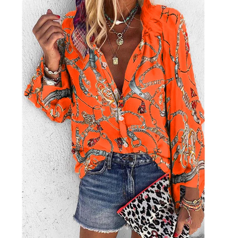 New Vintage Design Women Blouse Autumn Stand Collar Long Sleeve Chains Print Blusas Loose Casual Office Button Shirts Tops 2024