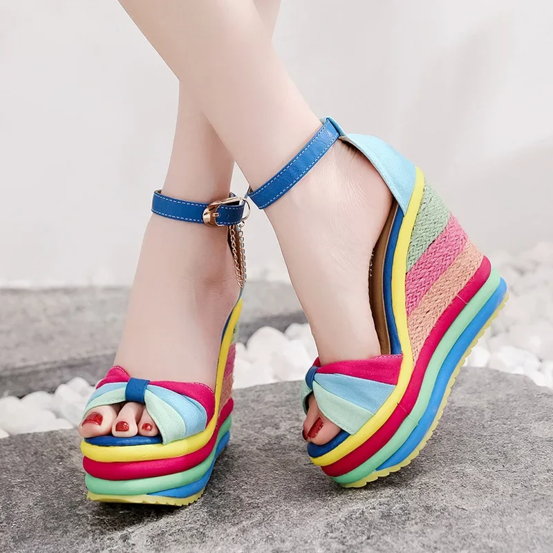 Women Sandals Female Wedges PU Round Shape Color Matching Slope Heel Increase Thick Bottom Non Slip Shoes 2024