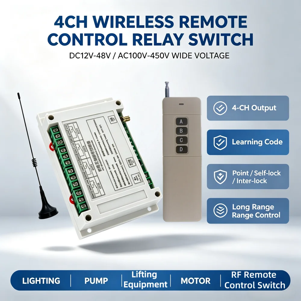 Industrial 4 Ch 30A RF Relay Receiver Wireless Remote Control Switch for DC12V24V 48V AC220-450V Lighting Security Alarm Devices
