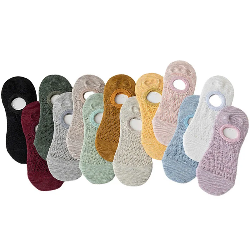 5 Pairs/Set Women Invisible Socks Summer Solid Color Mesh Ankle Boat Socks Silicone Non-slip Female Cotton Slipper No Show Socks
