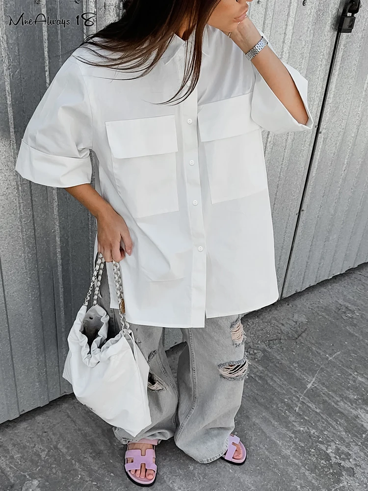 Mnealways18 Oversized White Pockets Shirts Women Off-Shoulder Sleeves Straight Button Blouses Street Style Lapel Ladies Casual