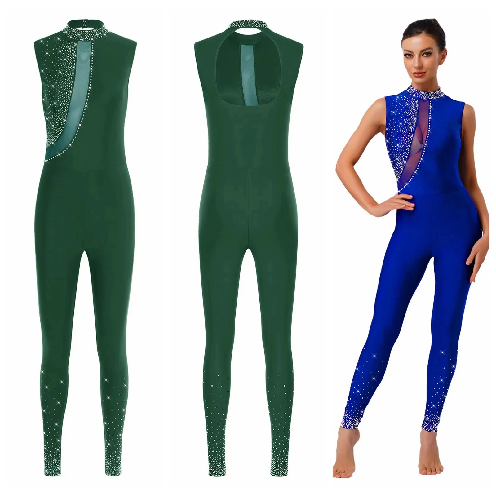 

Женский гимнастический комбинезон-боди с блестками и стразами, без рукавов, с вырезами, для йоги, тренировок и соревнований