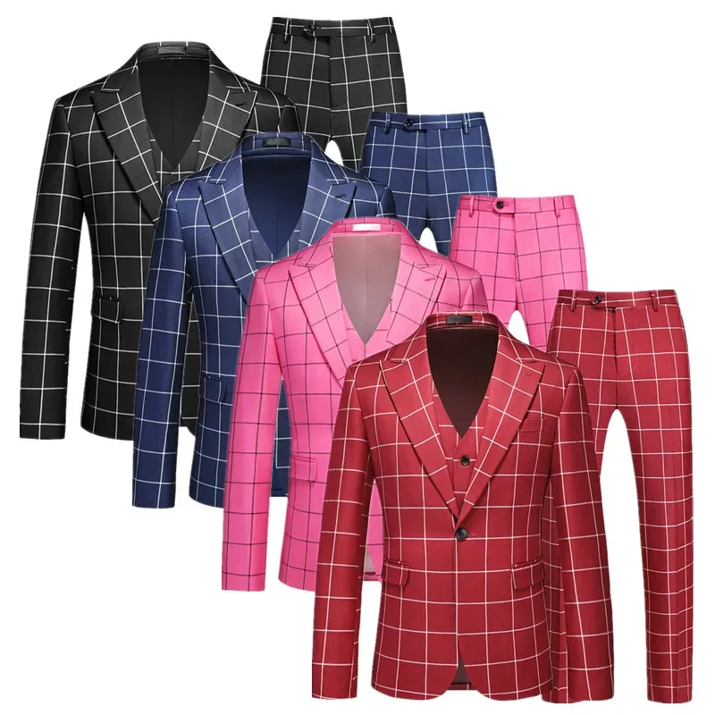 

(Blazer + Pant+Vest) Men Business Social Plaid Suits Single Button Clothing Fashion Simple Male Wedding Prom Party Tuxedo 3Piece