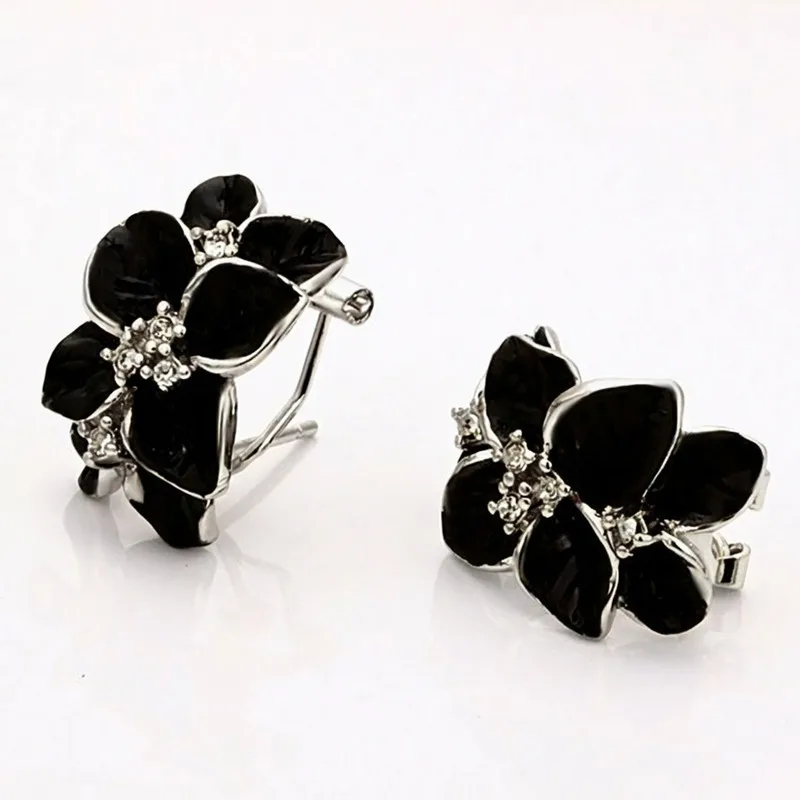 

Real 925 Sterling Silver Black Enamel Flower Earrings CZ French Clip Vintage Floral Jewelry Women MURMUR