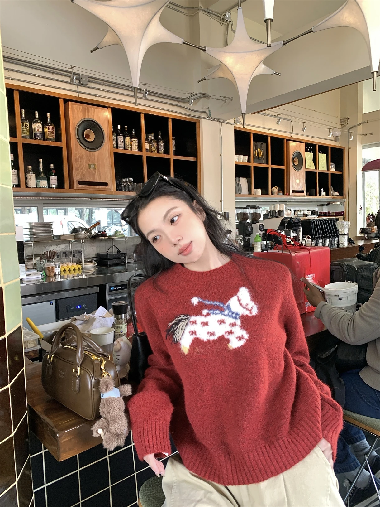 

Retro Red Pattern round Ne Loose Women's Knitted Sweater Soft Spring Top Anti-aging Comfortable Breathable Casual