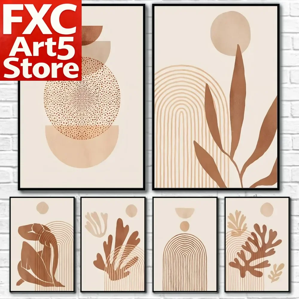 Boho Abstrakte Figuren- und Pflanzen-Wandkunst-Set - Neutrale Terrakotta-Beige Leinwandmalerei Minimalistische Geometrische Heimdekoration Ohne Rahmen