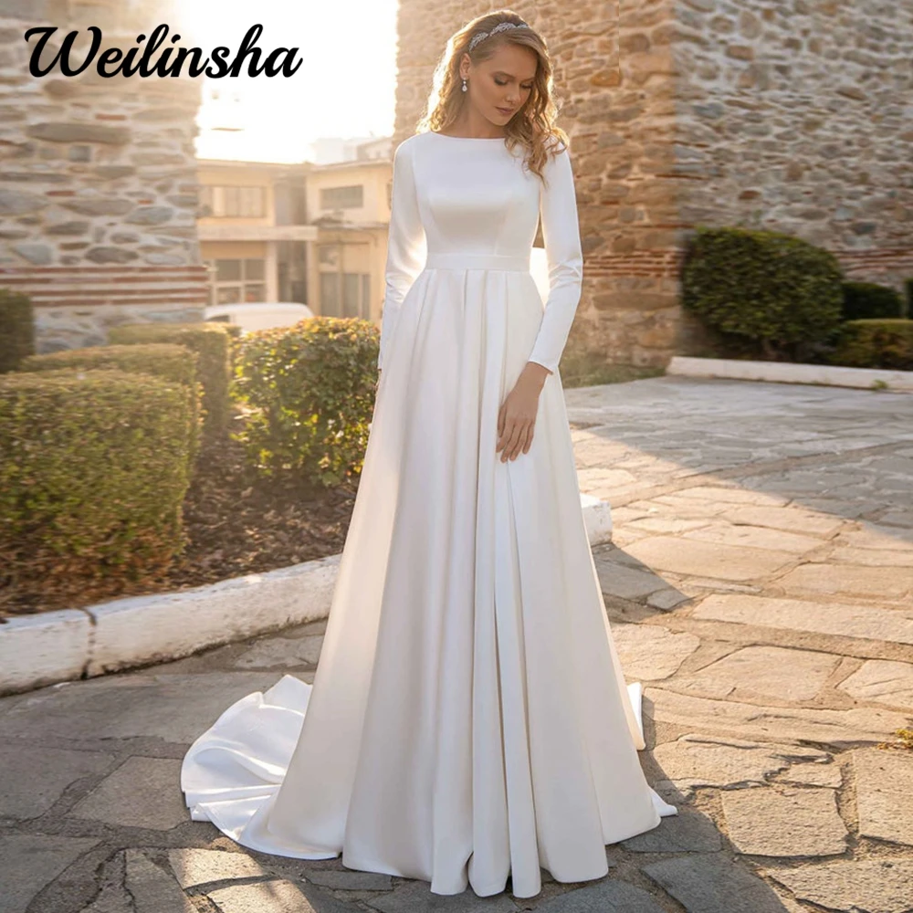 

Modern A Line Wedding Dress with Bow Robe De Mariee Minimalist Long Sleeves O Neck Court Train Bridal Gown Button Back 2023