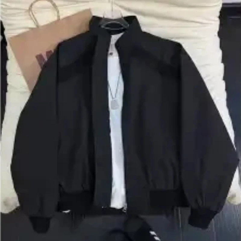 Men's Cleanfit Deconstructed Stand Collar Bomber Jacket Loose Fit Cropped Varsity Coat for Daily Wear