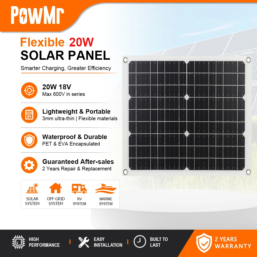 Panneau solaire monocristallin flexible PowMr 20W, compatible avec la connexion en série, encapsulé PET EVA, étanche et durable, pour camping-car, voiture, bateau, camping, maison, système solaire hors réseau.