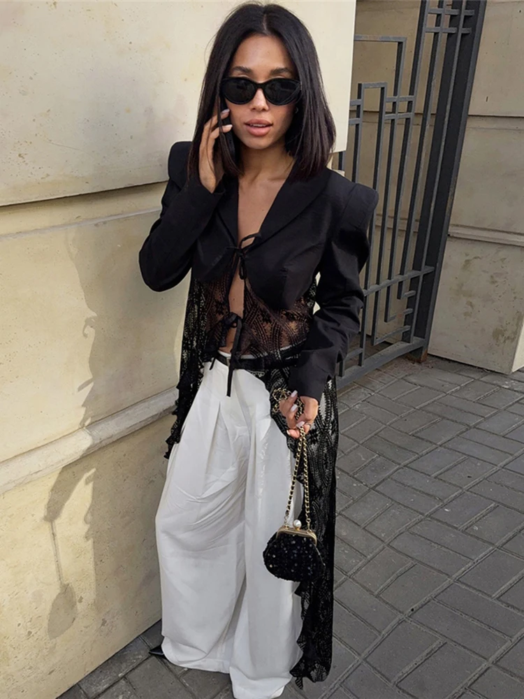 Kliou malha retalhos casacos longos mulher outono tendência rendas cardigan manga cheia estilo de rua alta sexy moda elegante jaqueta