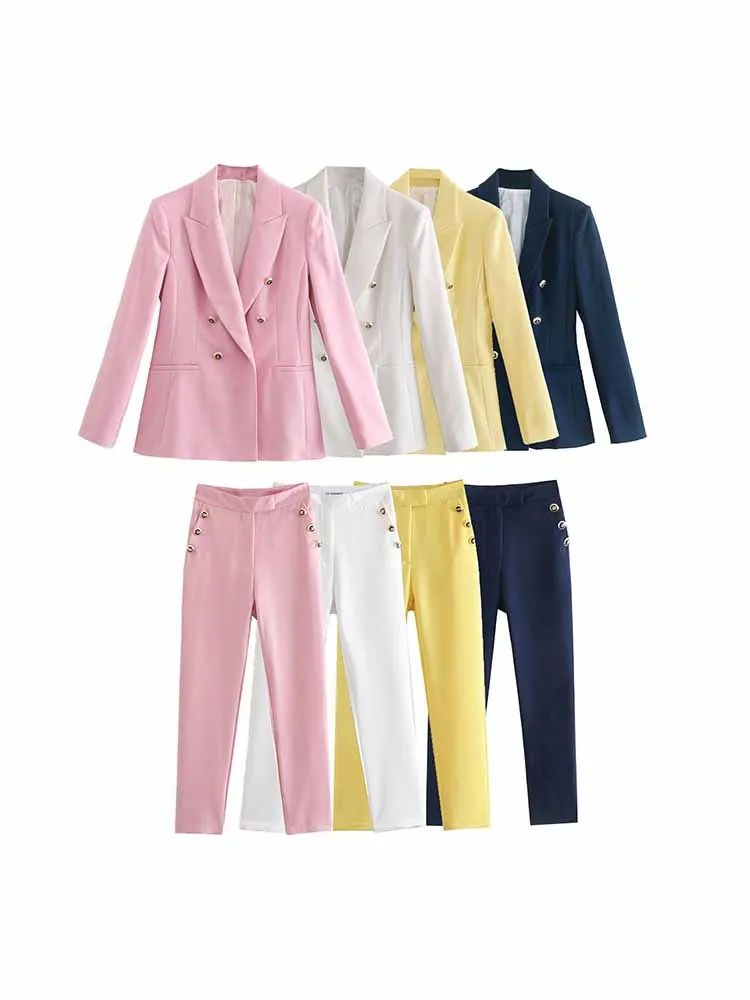 

Women New Fashion Double Breasted Slim Blazer Coat Vintage Long Sleeve Female Outerwear Chic + Pants Women's suit 8300/695