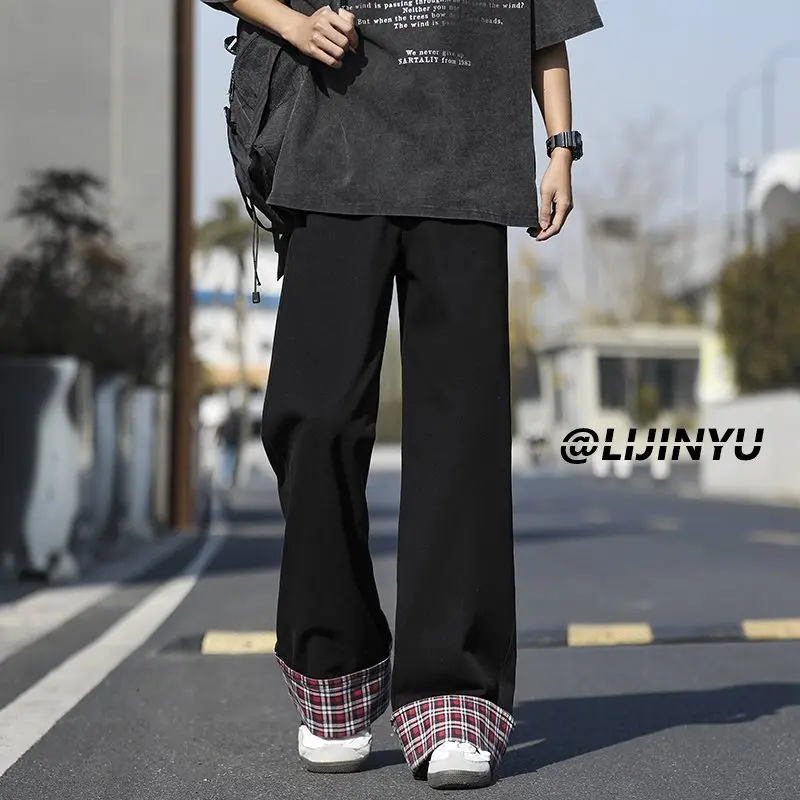 

Мужские джинсы в американском ретро-стиле, в клетку, с отворотами, свободные, прямые, повседневные, теплые, длинные брюки, со средней посадкой, из хлопка, молодежные, на молнии