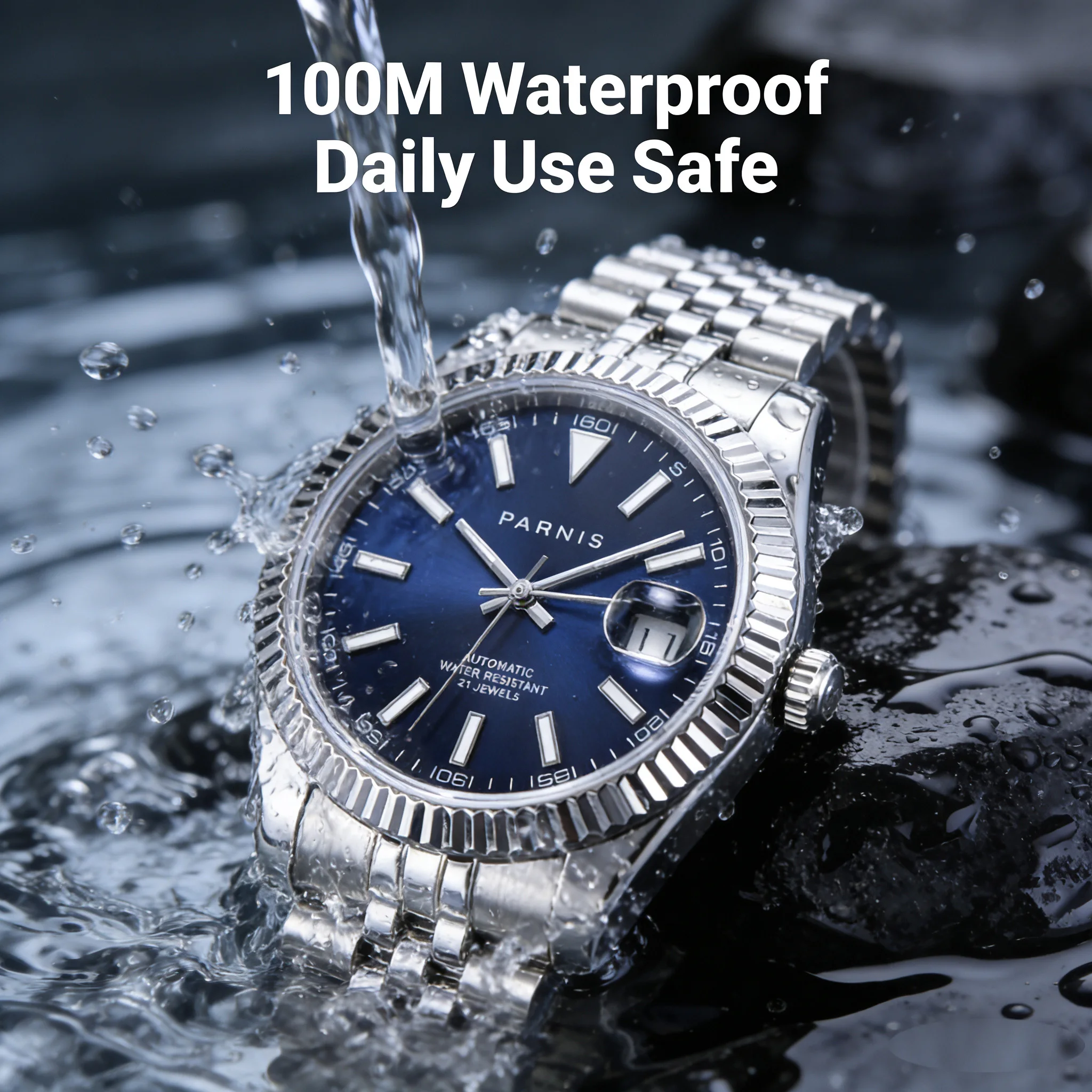 Parnis Men's Automatic Mechanical Watch Miyota 8215 Movement Stainless Steel Band Date Window 50M Waterproof Business Wristwatch
