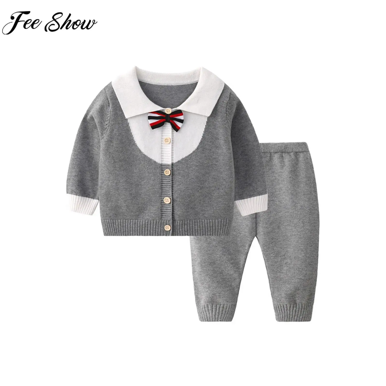 

Вязаный комплект для маленьких мальчиков: костюм в британском стиле для свадьбы/дня рождения, с длинным рукавом, отложным воротником, галстуком-бабочкой и брюками