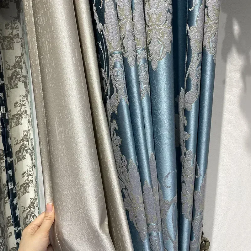Light Blue Jacquard Splicing Thickened Curtains For Living Room Bedroom French Window Villa Customized Window Screen Finished