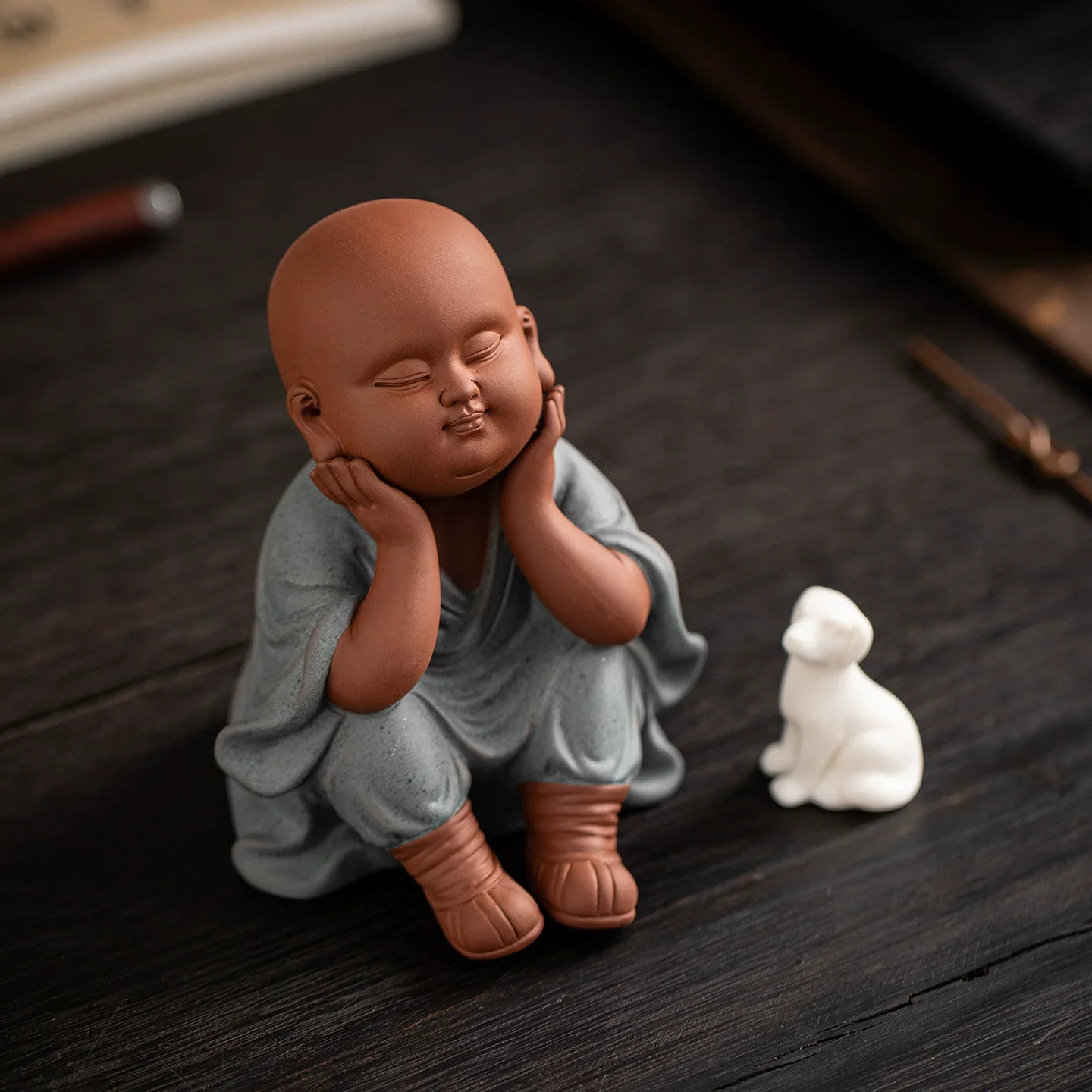 Ceramic Zen Tea Pet, Cute Little Monk Figurine for Tea Table, Zen Meditation Ornament for Home Office Desk, Asian Tea Ceremony D