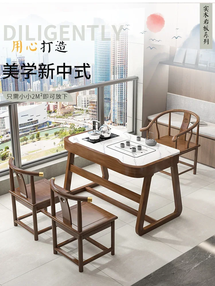 Balcony tea table and chair combination slate new Chinese solid wood household mini small house tea table three-piece set