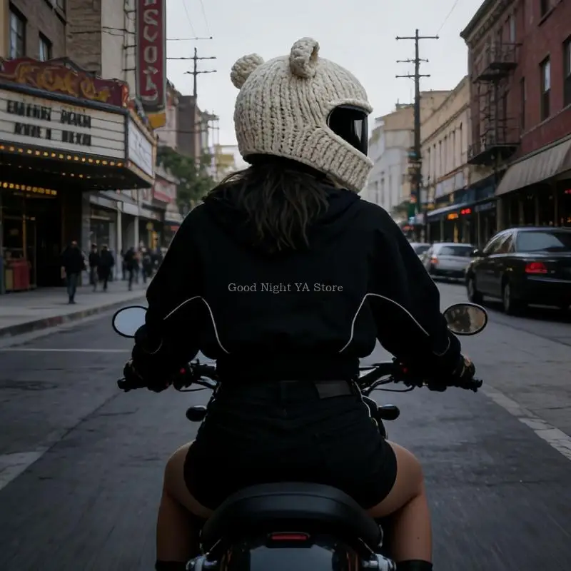 Cartoon Bear Ear Helmet Cover Warm Winter Knit Helmet Cap For Motorcycling Wear