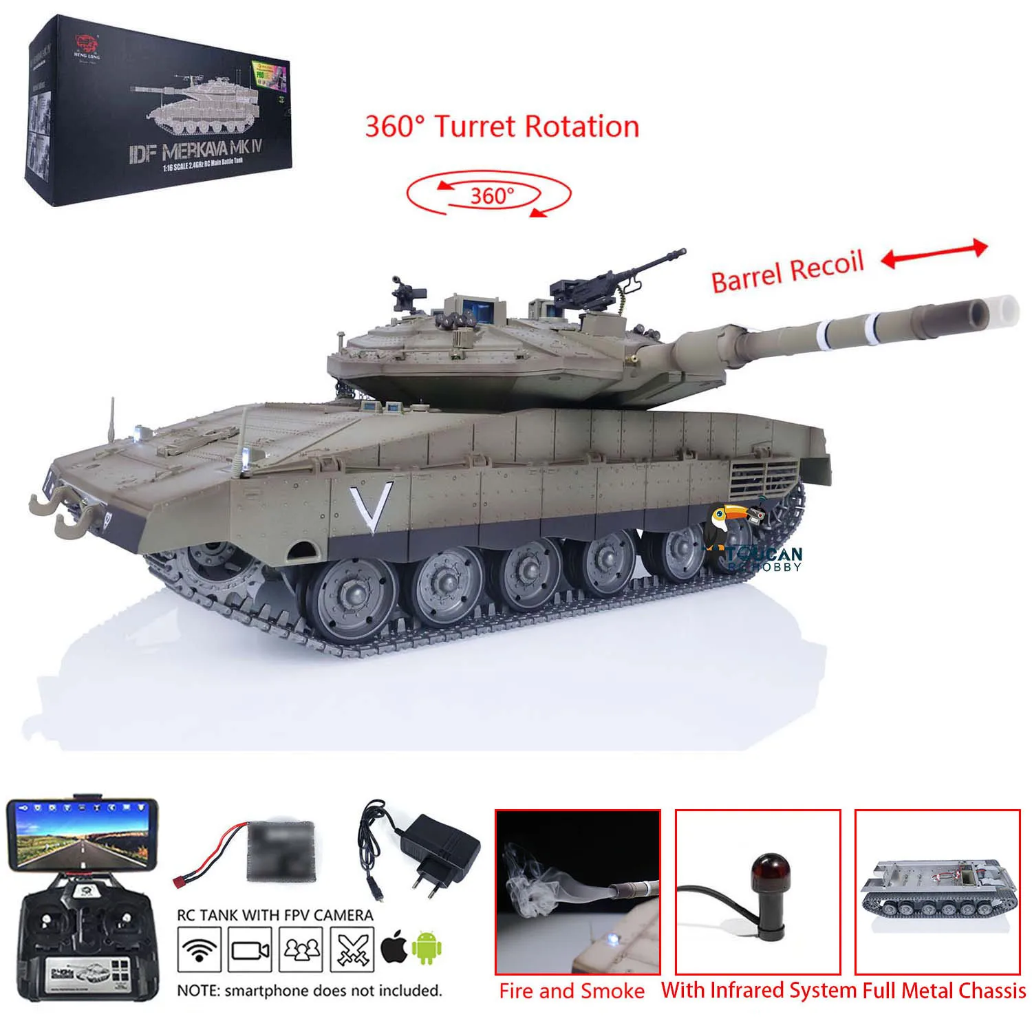 Zabawki 1/16 RC Battle Tank Heng Long IDF Merkava MK IV 3958 Pełne metalowe podwozie FPV TOUCAN Zdalnie pancernik Dym Samochód TH22668