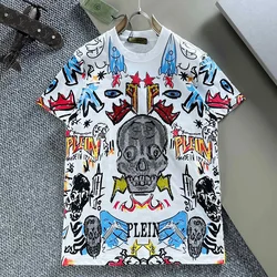 Alex Plein Rhinestones Skulls Graffti Men's Fashion Clothing Couple Streetwear Cotton 2023 Summer Crew Neck Shortsleeve Tshirt