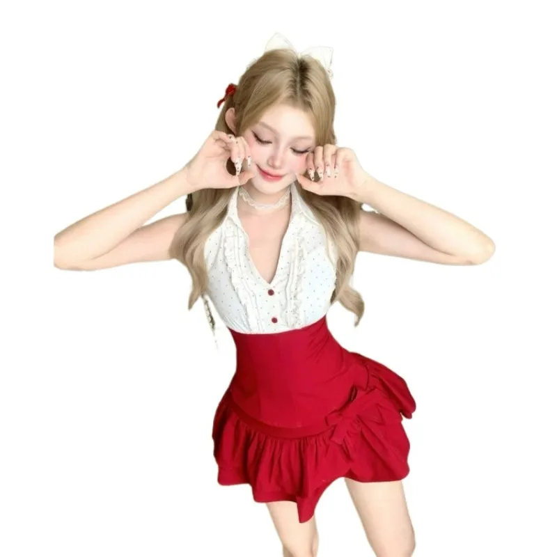 

Korean fashion slim lapel polka dot shirt laminated skirt new sexy babes vacation fashion two-piece set
