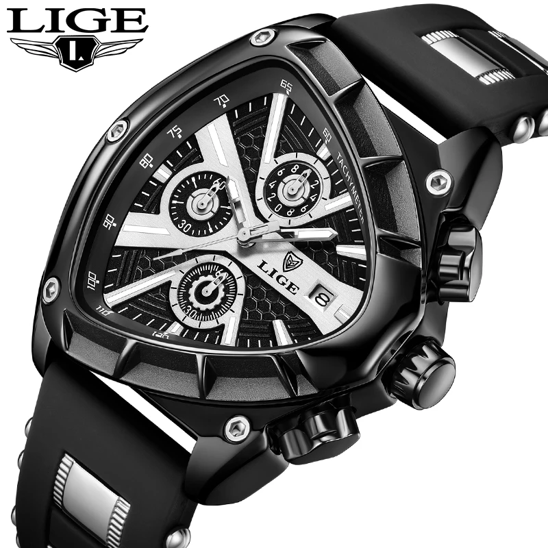 Man Watch LIGE Creative Luxury Fashion Irregular Triangle Quartz Watches for Men Clock Silicone Waterproof Luminous Calendar New