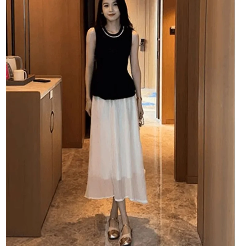 

Women Graceful Black Sleeveless Shirts Chiffon Skirts Two Piece Suits 2025 Summer Lady Slim Black Tank Tops Skirts Outfits
