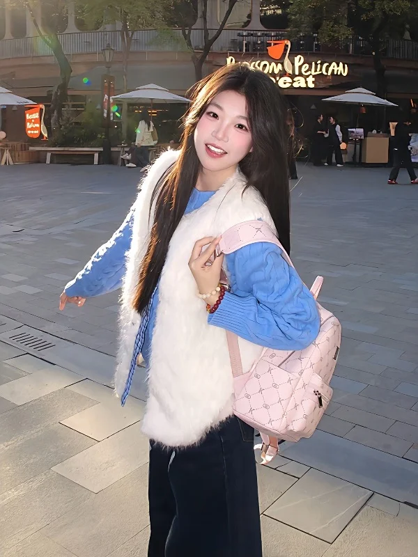  Blue Lamb Fur Vest And Sweater Set Women's Large Size Fashionable round Neck Layering Style Warm And Slimming view 3