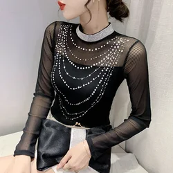 #7942 Black Stand Collar Women's T-shirt With Diamonds Perspective Basic T Shirt Femme Thin Casual See Through Clothes Elegant