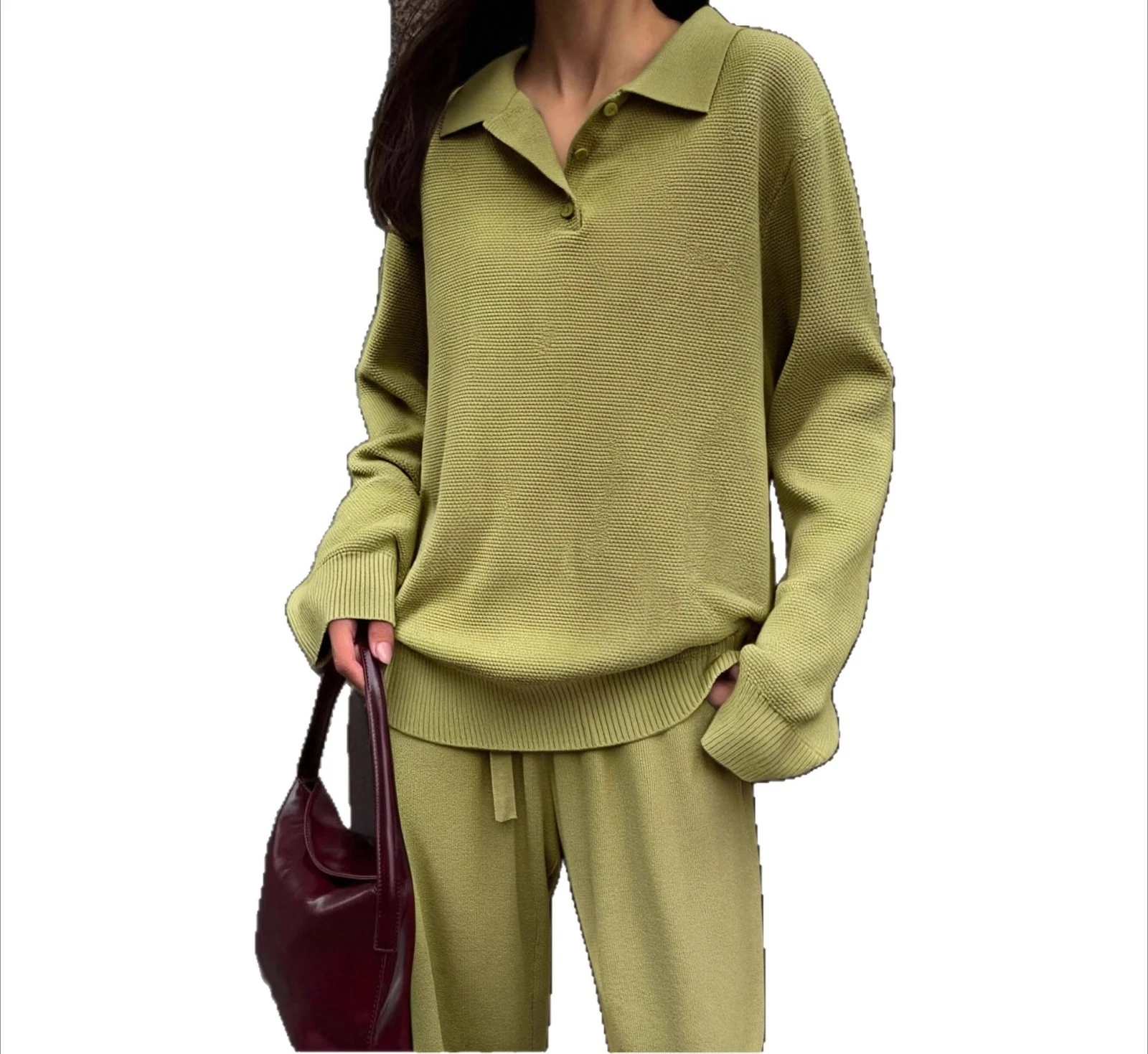 2025 Set di due pezzi di pantaloni maglione lavorato a maglia con colletto polo versatile casual alla moda da strada