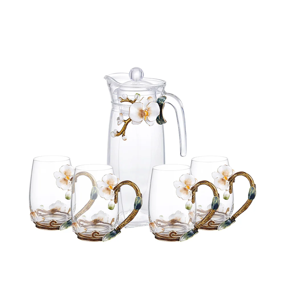 Creative Enamel Flower Glass 1300L Tea Pot Cup Set, Home Office Tea Set, Coffee Tea Set