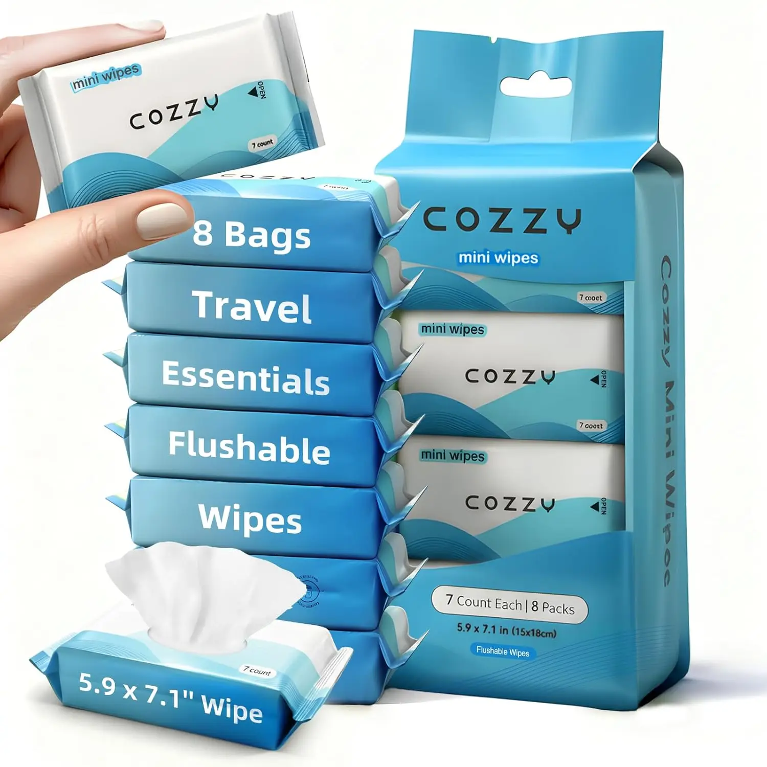 

Travel Flushable Wipes - Hypoallergenic, Unscented, 99.6% Water, Alcohol-Free, Plant-Based, 8 Packs (56 Wipes)