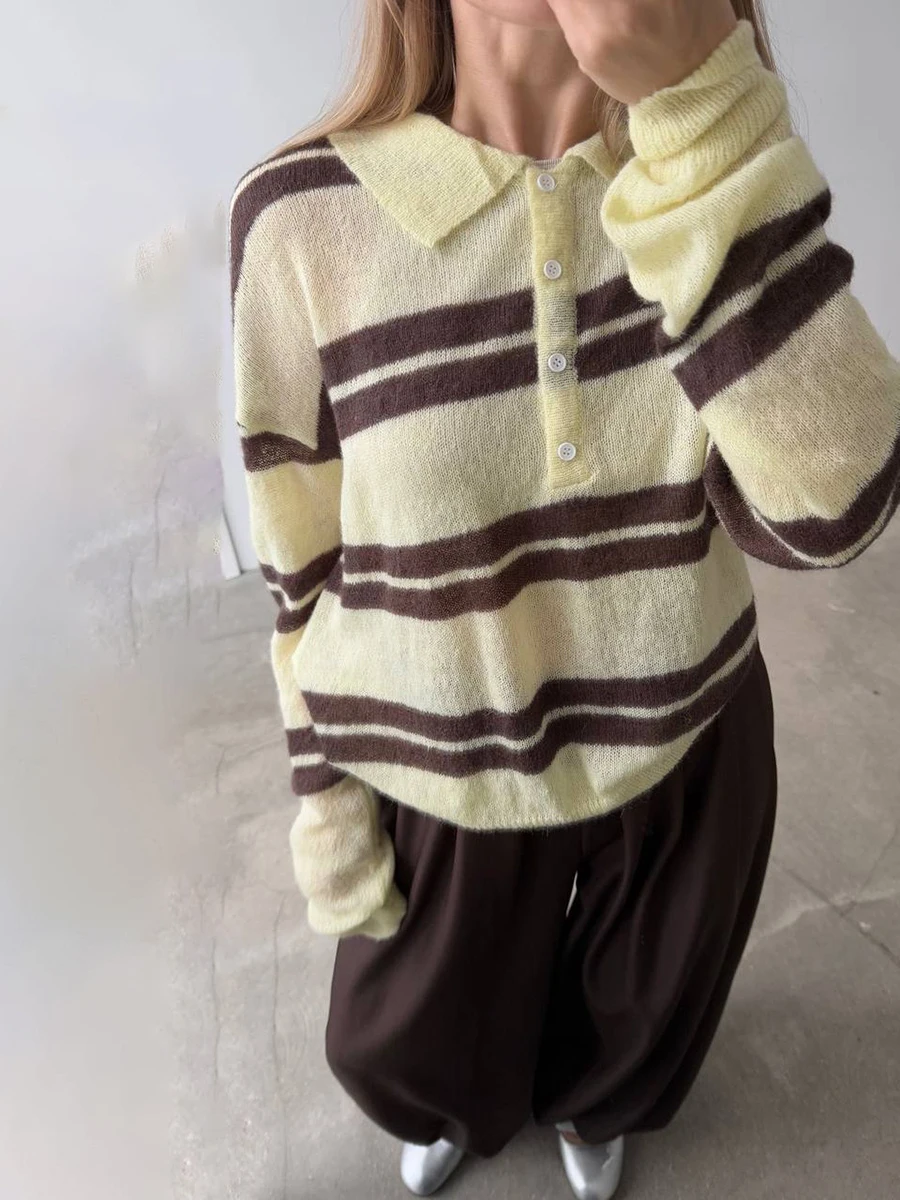 خمر مخطط محبوك كم طويل تي شيرت المرأة أزرار ترتيب الأسرة طوق سترة تي شيرت الخريف جديد فضفاض قمة الموضة غير رسمية