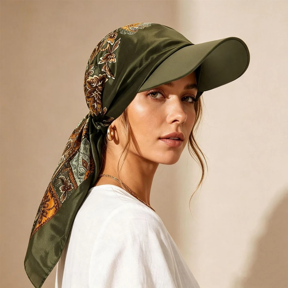 Women's Satin Square Scarf Sun Hat, Y-Shaped Tie-Back Headscarf with Brim, Summer Beach Vacation Headscarf and Chemotherapy Headwear