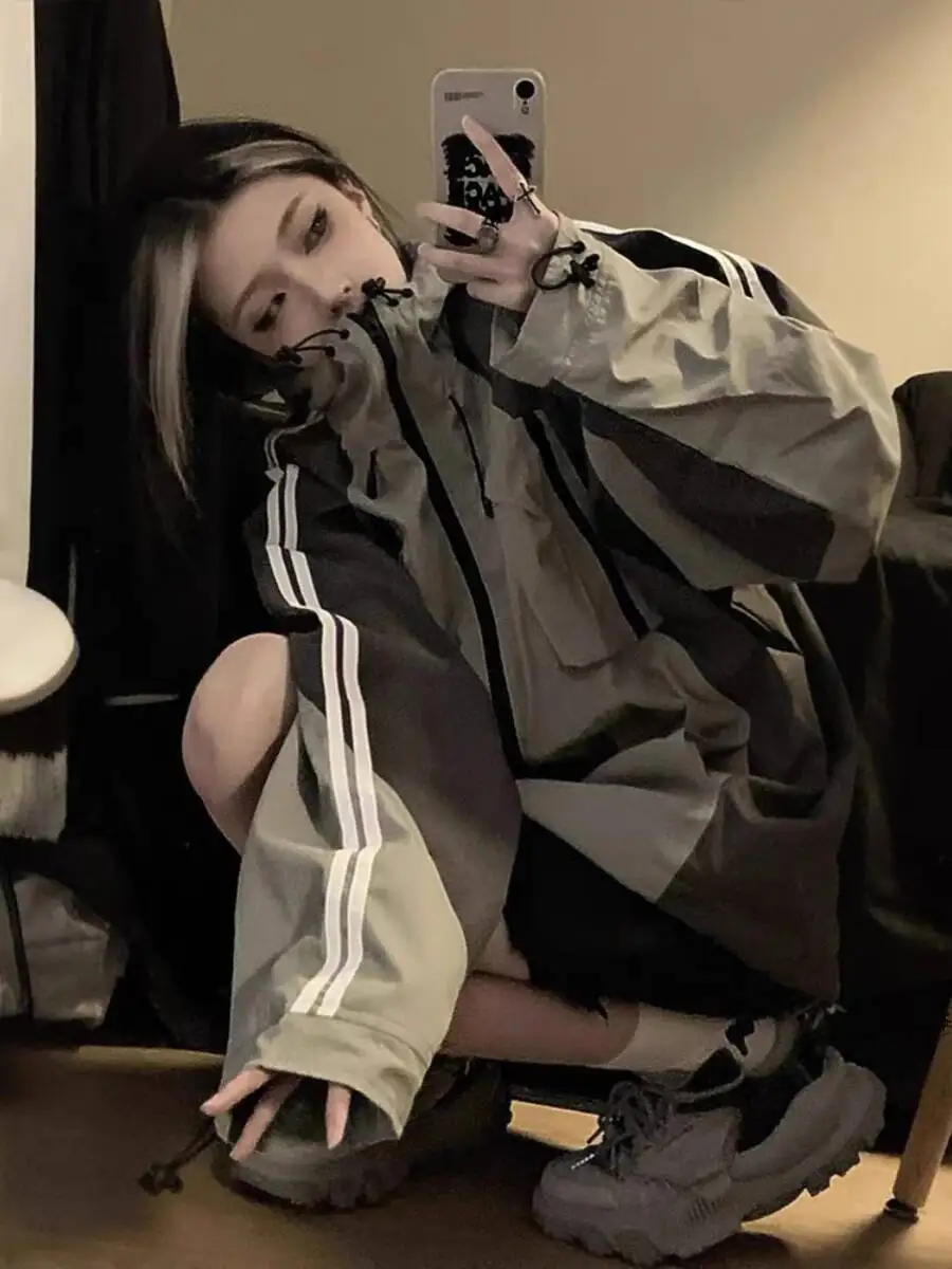 Unisex Spring Autumn Trendy Brand Contrast Color Patchwork Jacket Loose Fashion Techwear Cargo Hooded Windbreaker