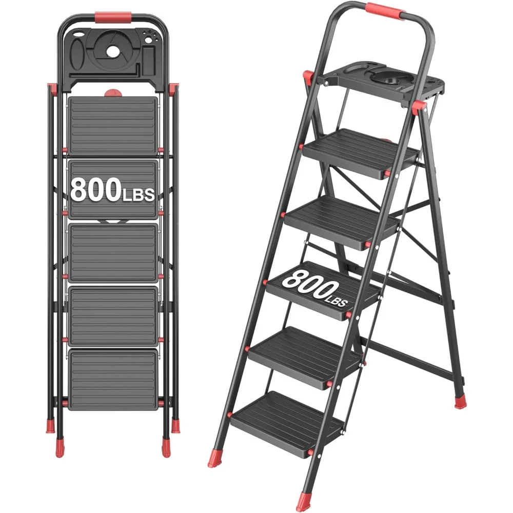 

5 Step Foldable Ladder with Mutifunctional Tool Tray, Platform Ladders Stepstools, Stool 5 Folding with Non