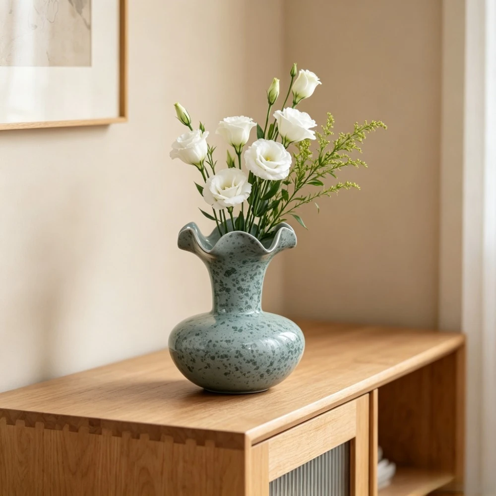 Elegant Speckled Ceramic Vase Wavy Mouth and Straight Neck Design Tabletop Vase for Farmhouse Boho Home Decoration